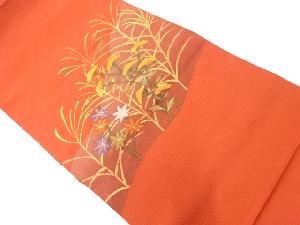 リサイクル　手織り紬芒に草花模様袋帯